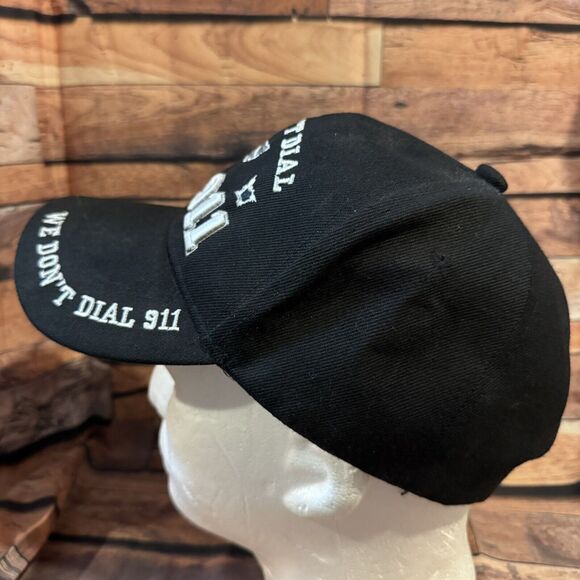 We Don’t Dial 911 Hat Embroidered Black Adjustable Hook & Loop Strapback Cap - Picture 4 of 7